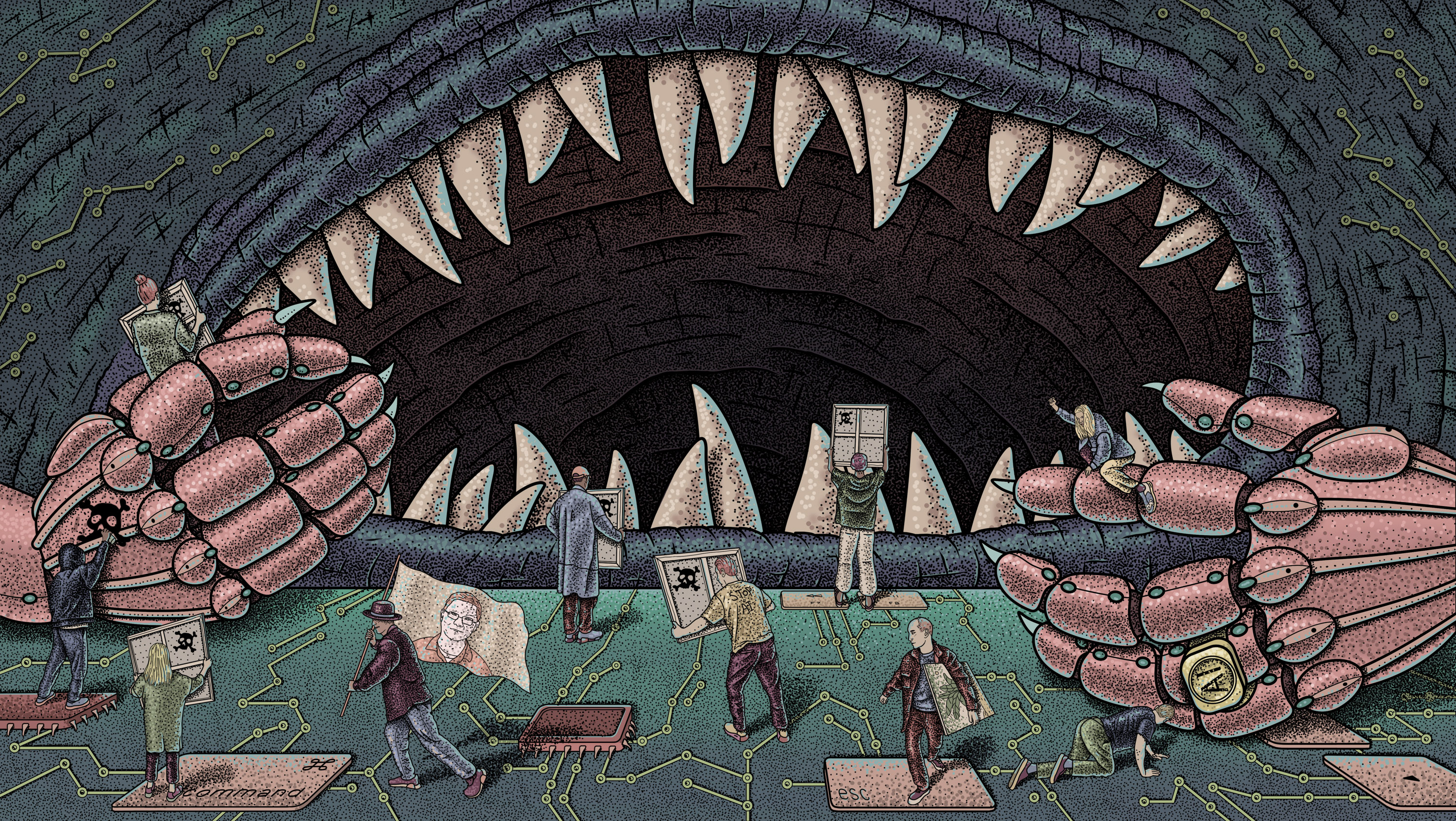 Ai gaping maw with teeth and two clawed hands swallows artworks which tiny artists have put poison symbols on the reverse side. One carries a flag with Ben Zhao's face